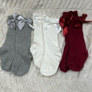 Cute Set of 3 Little Girls knee high socks with ribbons, ages 1-3 years, two new
